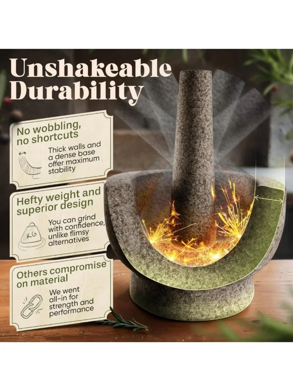 Elegant Black Mortar and Pestle Set - 1.5 Cup Capacity for Spices & Herbs